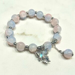 Elegant Crystal Beaded Bracelet with Butterfly Charm White Pink Women Fashion